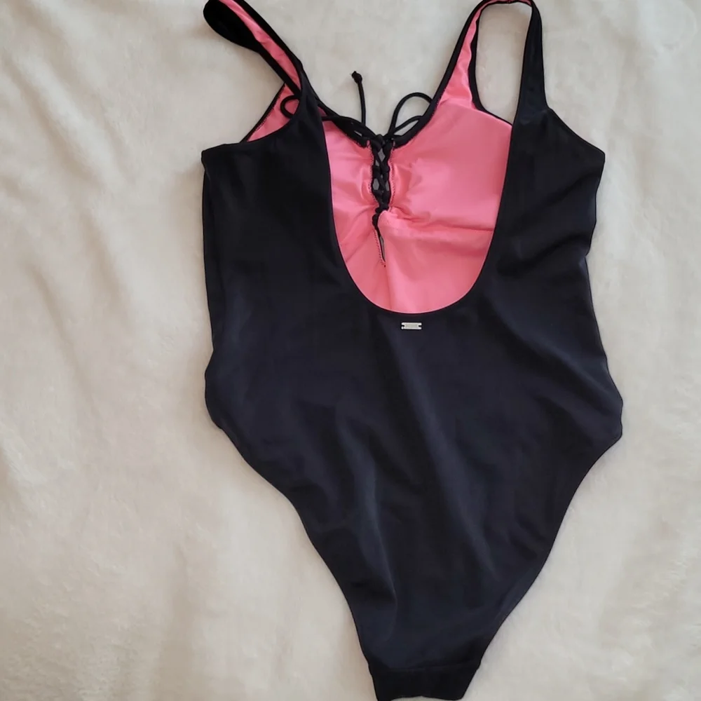 Pink Victoria’s Secret Black Tie Front One Piece Swimsuit Size Medium - Picture 7 of 11